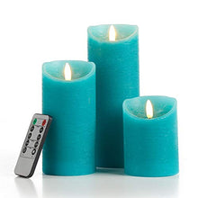 Load image into Gallery viewer, glowiu Teal Candle Pillar Realistic Wick Battery Operated Candles Set of 3 Single Slim Sphere Turquoise Candles Electric Home Decor with 10-Key Remote Multi-Function (3, H 4"6"8" x D3")
