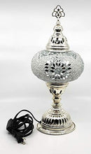 Load image into Gallery viewer, Handcrafted Turkish Mosaic Glass Table Lamp with Metal Base and Finial (All-Over Silver)