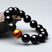 Load image into Gallery viewer, SX Commerce Natural Obsidian Bracelet Black Natural 10MM or 12MM Stone with a Unique Tiger Eye Good Gift for Men and Women(10MM)