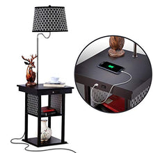 Load image into Gallery viewer, Brightech Madison - Narrow Nightstand with Built in Lamp, USB Port & Shelves for Bedrooms - Mid Century Modern End Table & Attached Floor Lamp for Living Rooms - Side Table & Reading Light - Black