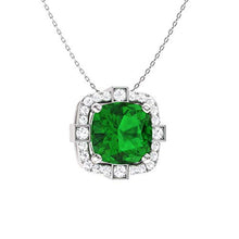Load image into Gallery viewer, Diamondere Natural and Certified Cushion Cut Emerald and Diamond Halo Necklace in 14k White Gold | 0.79 Carat Pendant with Chain