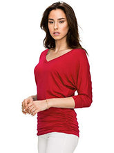 Load image into Gallery viewer, MBJ WT1036 Womens V Neck 3/4 Sleeve Dolman Top with Side Shirring S RED