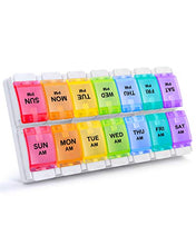 Load image into Gallery viewer, AM PM Weekly 7 Day Pill Organizer, Sukuos Large Daily Pill Cases Pill Box with Easy Push Button Design for Pills/Vitamin/Fish Oil/Supplements (Rainbow)
