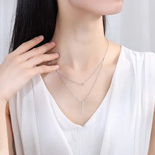 Load image into Gallery viewer, White Gold Plated Linear Bar Double Strand Necklace for Women, Tiny Round Cubic Zirconia & Bar Pendant Chain Necklace