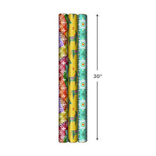 Load image into Gallery viewer, Hallmark Holiday Wrapping Paper with Cut Lines on Reverse (3 Rolls: 120 sq. ft. ttl) Teal, Yellow, Pink, Orange Patchwork and Donkeys for Christmas, Kwanzaa, Three Kings Day