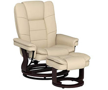 Load image into Gallery viewer, JC Home Argus Ultra-Plush Bonded Leather Swiveling Recliner with Mahogany Wood Base and Matching Ottoman - Vanilla