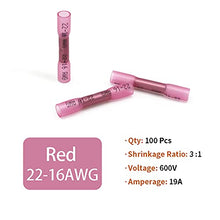 Load image into Gallery viewer, 100 Pcs Red Heat Shrink Butt Connectors, 22-16 AWG Marine Grade Insulated Crimp Wire Connectors, Waterproof Electrical Connectors Butt Splice for Boat Truck Wiring