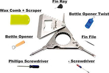 Load image into Gallery viewer, A VEBODI | Ultimate SURF Gift | Keychain - Multi Tool | Fin Key | Wax Comb | Wax Scraper | Bottle Opener | Screwdrivers