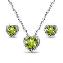 Load image into Gallery viewer, Sterling Silver Peridot and CZ Halo Heart Pendant Necklace & Stud Earrings Set