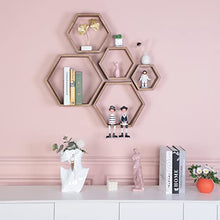 Load image into Gallery viewer, Hexagon Floating Shelves,Wall Mounted Wood Farmhouse Storage Honeycomb Wall Shelf Set of 5,for Bathroom, Kitchen, Bedroom, Living Room,Office,Driftwood Finish (Carbonized Black)