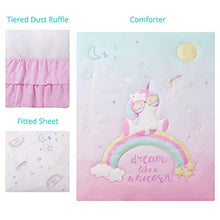 Load image into Gallery viewer, La Premura Unicorn Baby Nursery Crib Bedding Set for Girls – Baby Unicorn & Rainbows 3 Piece Standard Size Crib Bedding Sets in Pink, Yellow & Green