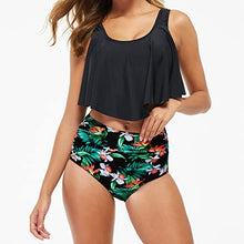 Load image into Gallery viewer, Women's Bikini Swimsuit with High Waisted Bottom Tankini Ruffled Flounce Top Two Piece Sets Bathing Flowy Suits Floral Printed Beach Ladies Plus Size Swimwear Black S