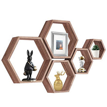 Load image into Gallery viewer, Hexagon Floating Shelves,Wall Mounted Wood Farmhouse Storage Honeycomb Wall Shelf Set of 5,for Bathroom, Kitchen, Bedroom, Living Room,Office,Driftwood Finish (Carbonized Black)