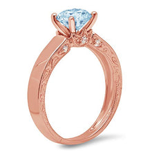 Load image into Gallery viewer, 1.64ct Round Cut Solitaire Aquamarine Blue Ideal VVS1 Simulated Diamond CZ Engagement Promise Statement Anniversary Bridal Wedding with accent Ring Solid 14k Rose Gold, Size 6.25