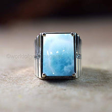 Load image into Gallery viewer, Thanksgiving gift for jewelry, cabochon larimar ring, genuine pectolite larimar ring, solid 925 sterling silver ring, signet heavy silver ring, designer statement ring, men's gemstone ring