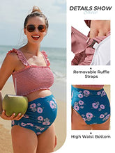 Load image into Gallery viewer, Maternity High Waist Bikini Swimsuit Two Piece Ruffled Hem Cute Floral Bathing Suit Pink L