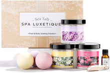 Load image into Gallery viewer, Bath Salts, Spa Luxetique 8pcs Bath Salts Gift Set with Argan Oil, Bath Bombs, Wooden Scoop, Epsom Salt for Soaking in Lavender, Rose, Chamomile Scent, Spa Gifts Bath Set for Women Christmas Gifts