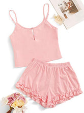 Load image into Gallery viewer, SheIn Women's Solid Print Cami Crop Top and Shorts Pajamas Set Medium Plain Pink