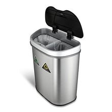 Load image into Gallery viewer, NINESTARS Automatic Touchless Infrared Motion Sensor Trash Can/Recycler with D Shape Silver/Black Lid & Stainless Base, 18 Gal, Stainless Steel