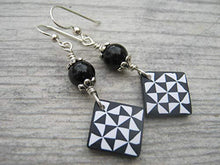 Load image into Gallery viewer, Pinwheel Quilt Block Earrings, Sterling Silver, Black Obsidian Quilters Jewelry, Limited Edition Polymer Clay HST