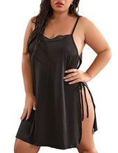 Load image into Gallery viewer, XAKALAKA Women Plus Size Lace Babydoll Lingerie Side Slit Strappy Chemise Sleepwear Black XXL