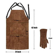Load image into Gallery viewer, eletecpro Woodworking Apron Heavy Duty Durable - Length 42" 6 Pockets Leather Welding Apron & Welding Gloves Cowhide Fire/Heat Resistant Shop Apron Men/Women(Brown)