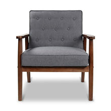 Load image into Gallery viewer, Mid-Century Retro Modern Accent Chair Wooden Arm Upholstered Tufted Back Lounge Chairs Seat Size 24.4" 18.3" (Deep) (Grey Fabric)