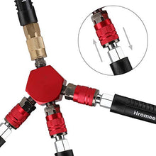 Load image into Gallery viewer, Hromee 3-Way Air Manifold 4 Ports Aluminum Industrial Flat Hex Quick Connect Air Hose Splitter with 3 Steel Couplers and 1/4" Male NPT Plug