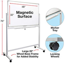 Load image into Gallery viewer, Large 48"x32" White Board on Wheels: 1 Reversible Magnetic Dry Erase Board with Rolling Stand, 4 Dry Erase Markers, 1 Eraser, 4 Magnets, 1 Marker Tray
