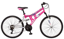 Load image into Gallery viewer, Mongoose Exlipse Full Dual-Suspension Mountain Bike for Kids, Featuring 15-Inch/Small Steel Frame and 21-Speed Shimano Drivetrain with 24-Inch Wheels, Kickstand Included, Pink