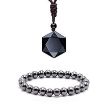 Load image into Gallery viewer, Black Obsidian Hexagram Natural Stone Pendant Necklace and Hematite Bracelet Hematite Metal Magnetic Therapy Bracelets