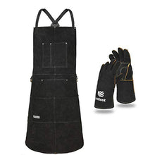 Load image into Gallery viewer, Leather Work Apron with Gloves - 6 Tool Pockets for Men& Women - Welding Apron - Ideal for Woodworking, Blacksmithing, Gardeners, Mechanics, BBQ - Adjustable M to XXXL
