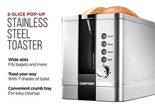 Load image into Gallery viewer, Chefman 2-Slice Pop-Up Stainless Steel Toaster w/ 7 Shade Settings, Extra Wide Slots for Toasting Bagels, Defrost/Reheat/Cancel Functions, Removable Crumb Tray, 850W, 120V, Silver