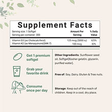 Load image into Gallery viewer, Vitamin D3 5000IU Plus K2, 2 in 1 Formula, Vitamin D3 Liquid with Vitamin K2, 300 Soft-Gels, Immune Vitamin Complex with Sunflower Seed Oil, Support Your Heart, Teeth & Joint Health, No GMO