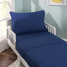 Load image into Gallery viewer, EVERYDAY KIDS 4 Piece Toddler Bedding Set - Includes Comforter, Flat Sheet, Fitted Sheet and Reversible Pillowcase - Solid Navy