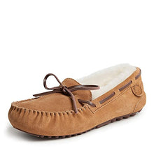 Load image into Gallery viewer, Dearfoams Women's Fireside Water Resistant Shearling Victoria Moc with Tie Slipper, Chestnut, 7