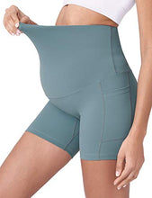 Load image into Gallery viewer, POSHDIVAH Women's Maternity Yoga Shorts Over The Belly Bump Summer Workout Running Active Short Pants with Pockets Light Green 5" X-Small