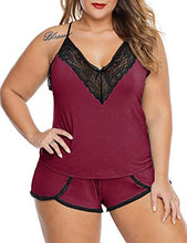Load image into Gallery viewer, XAKALAKA Women Plus Size Pajamas Cami Shorts Set Nightwear Sexy Lace Lingerie Sleepwear Wine XL
