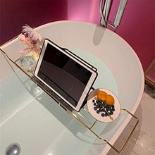 Load image into Gallery viewer, Bathtub Caddy/Tray, Bath Serving Tray - Bath Reading Tray with Expandable Sides, Cellphone Tray And Wineglass Holder - Luxury Spa Organizer,Gold