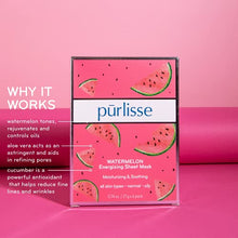 Load image into Gallery viewer, purlisse Watermelon Energizing Sheet Mask: Cruelty-Free & clean, Paraben & Sulfate-free, Packed with Vitamins A, B, & C, Aloe Vera calms skin | Pack of 6
