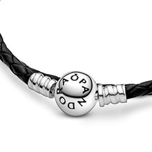 Load image into Gallery viewer, PANDORA Jewelry Black Leather Charm Sterling Silver Bracelet, 13.8"
