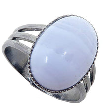 Load image into Gallery viewer, Agate Blue Lace Ring 4-10 Boutique Adjustable Metal Cool Blue Banded Gemstone Oval Crystal B02 (Gunmetal 14x10)