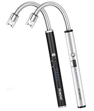 Load image into Gallery viewer, TOMOLO Lighter, Rechargeable Candle Lighter Grill Lighter Electric Arc Lighter with Flexible Neck, LED Battery Display Safety Switch for Candle Camping Cooking BBQs Fireworks (Black&Silver, Pack of 2)