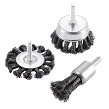 Load image into Gallery viewer, TILAX 3'' Wire Wheel Cup Brush End Brush Set 3 Pcs, Wire Brush for Drill 1/4 Inch Arbor 0.019" Carbon Steel Knotted Wire Brush Drill Bit, Drill Wire Brush Attachment, Rust Removal