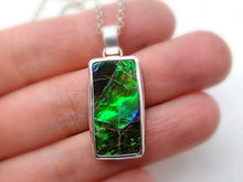 Load image into Gallery viewer, green Ammolite pendant silver, big Ammolite necklace, rare gemstone pendant gift for her, fossil pendant for him, unique mens gift for him