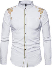 Load image into Gallery viewer, WHATLEES Mens Casual Hipster Mandarin Collar Slim Fit Long Sleeve Dress Shirts with Gold Embroidery T156 White Large