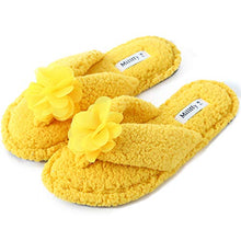 Load image into Gallery viewer, Millffy Plush Cozy Faux Shearling Thong Slide On Sherpa Womens Flip-Flops Slippers with Flowers (US 5-6,Amber Yellow)