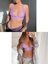 Load image into Gallery viewer, Kaei&Shi Sexy Bra and Panty Sets,Plunge Scalloped Floral Lace Lingerie for Women,Halter Racerback Bralette Matching Two Piece Lingerie Set Boudoir Purple Large