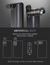 Load image into Gallery viewer, CoPedvic Phone Camera Lens Phone Lens for iPhone Samsung Pixel Android, 22X Telephoto Lens, 4K HD 0.67X Super Wide Angle Lens&25X Macro Lens, 205° Fisheye Lens, Work as Telescope with Metal Tripod