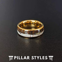 Load image into Gallery viewer, 14K Gold Ring Mens Antler Wedding Band with Koa Wood and Arrow Inlay 8mm Tungsten Deer Antler Rings for Men Rustic Wooden Boho Anniversary Gifts